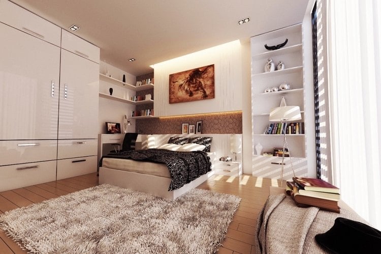 Schlafzimmer Ideen -beige-weiss-wandgestaltung-regale-led-beleuchtung