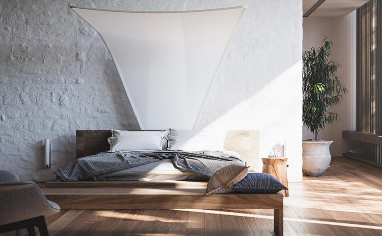schlafzimmer-ideen-japanischer-stil-niedriges-holzbett