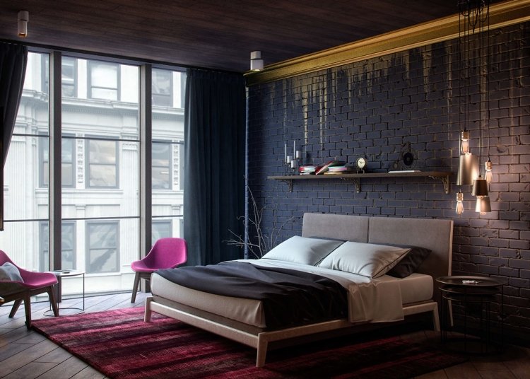 schlafzimmer-ideen-schwarz-backsteinwand-acessoires-gold-violett