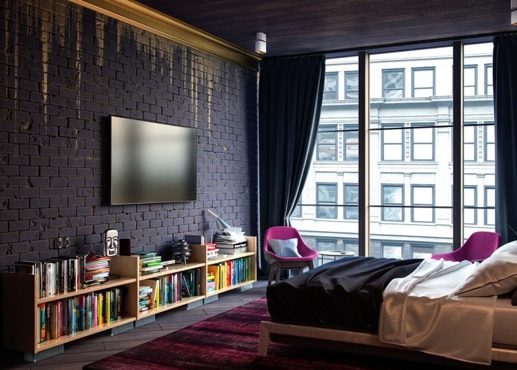 schlafzimmer-ideen-schwarz-wandgestaltung-riemchen-verblendsteine-violett-accessoires