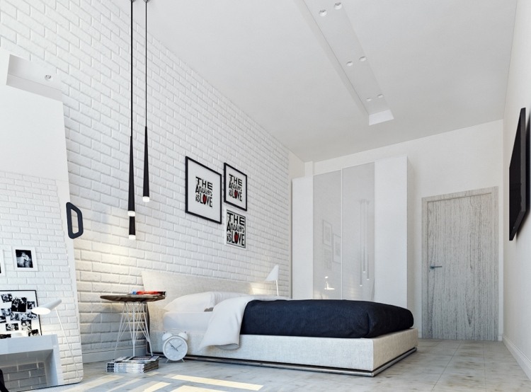 schlafzimmer ideen weiss-backsteinwand-schwarze-pendelleuchten-kleiderschrank-spiegeltueren