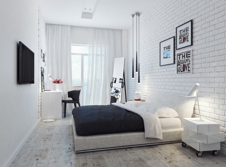 schlafzimmer ideen weiss-klein-minimalistisch-standspiegel-schreibtisch