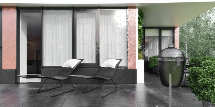 terrasse design fliesen schwarz liegestühle haus idee