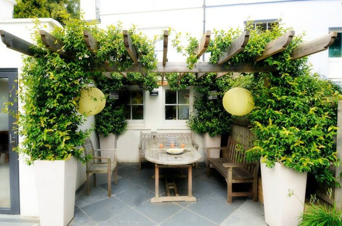 terrasse und veranda pflanzen bank tisch pergola fliesen