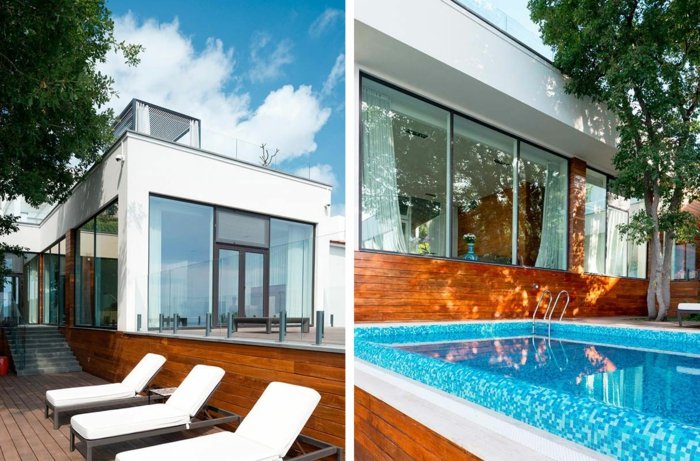 villa design crimea pool entspannen holz glas blau
