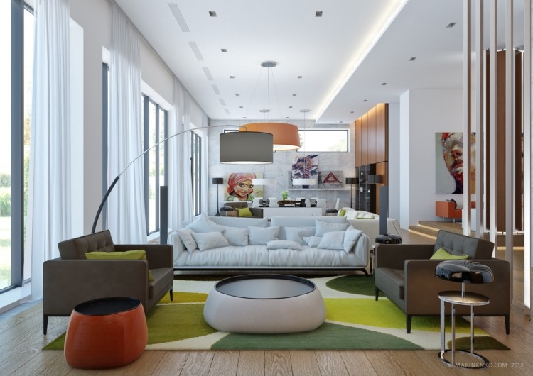 wohnzimmer-ideen-zur-Einrichtung-neutrale-Farbtöne-Akzente-grün-modern-Teppich