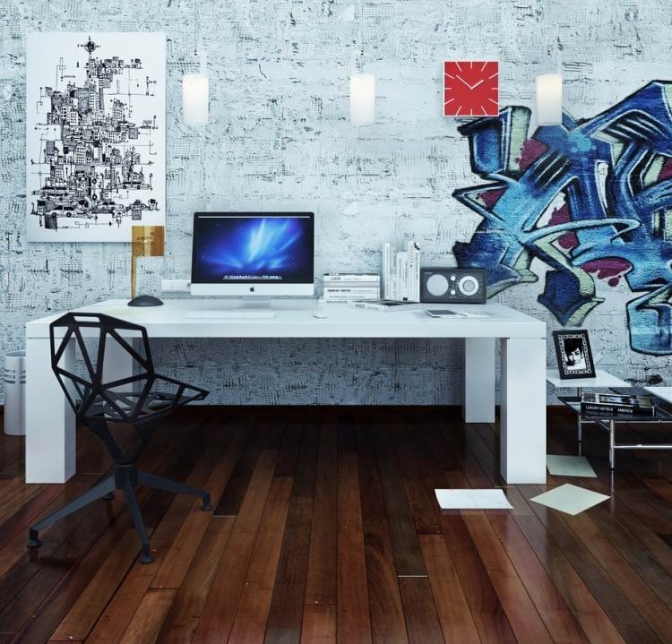 Zimmergestaltung des Home Office -ideen-pop-art-wanddeko-dielenboden