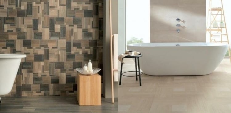 Badezimmer-Mosaik-Optik-Holzfliesen-weiße-Badewanne