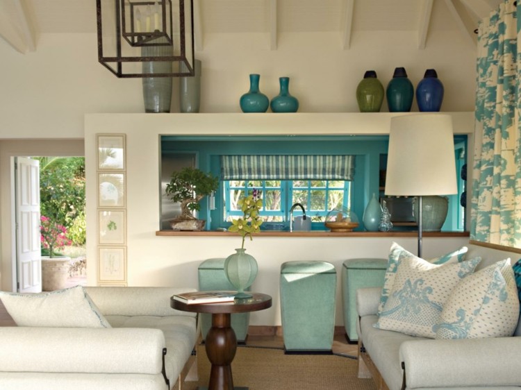 Einrichten-Karibik-Stil-Wohnzimmer-einrichten-blau-weiße-Küche