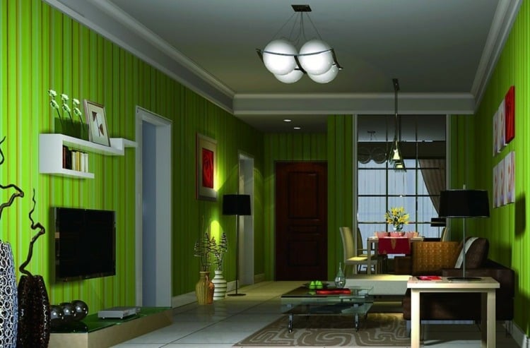 Grüne-Tapeten-mit-Streifen-Wohnzimmer-Wandgestaltung