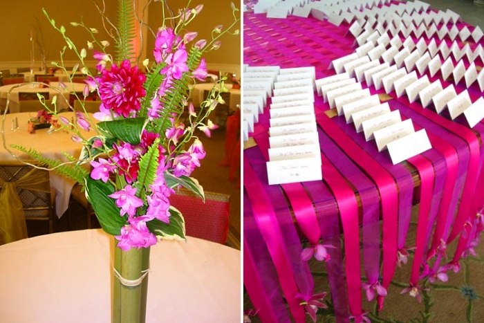 Hochzeitsdeko-Ideen-in-Fuchsia-Pink-Violett-Blumenstrauß-glasvase