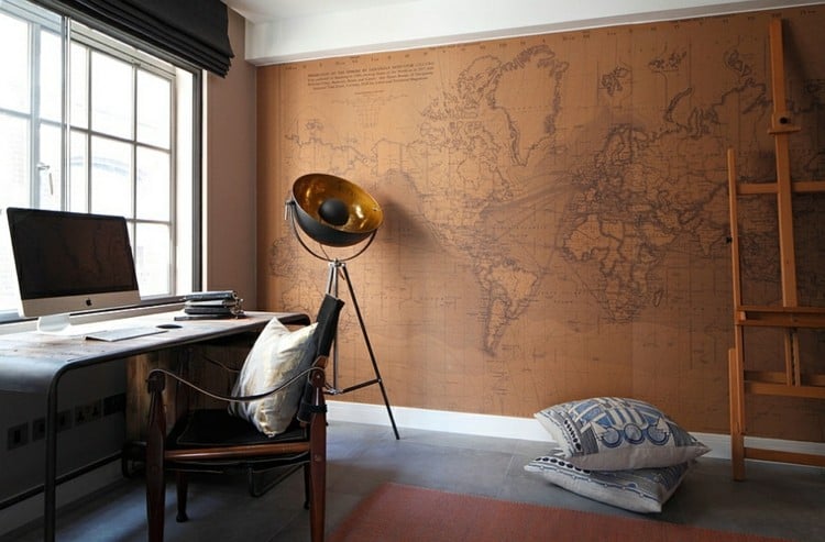 Home-Office-Wandsticker-Weltkarte-Kupfer-Stehlampe