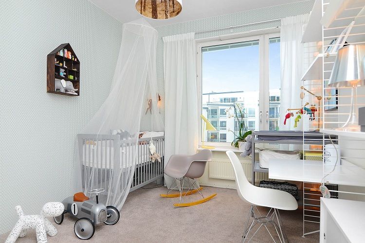 Kinderzimmer-skandinavisch-Stil-Schreibtisch-Babybett