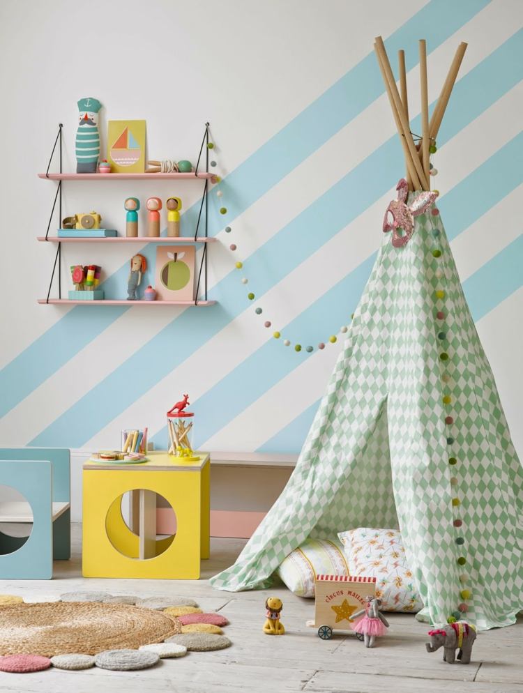 Kinderzimmer-skandinavisch-Stil-Zelt-Wand-Streifen-Spielzeugboxen