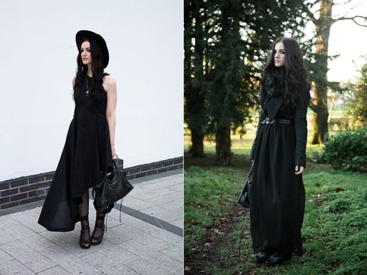 Schwarze-Outfits-lange-Kleider-Hut-Tasche-Ideen