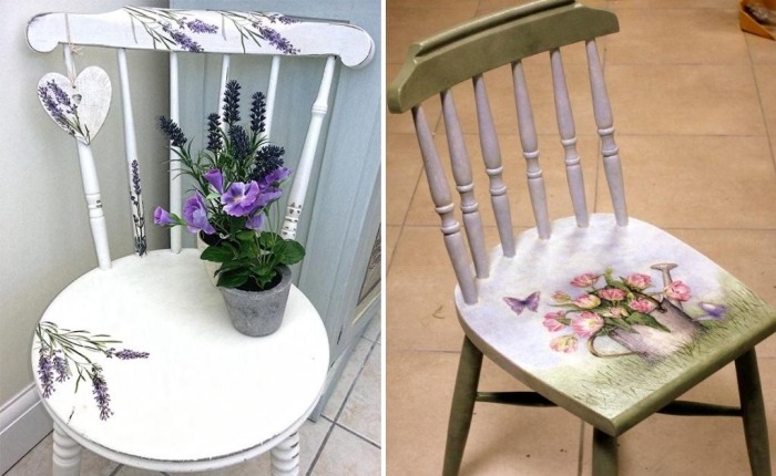 Serviettentechnik-Decoupage-filigrane-Blumenmotive-Lavendel-Stuhl