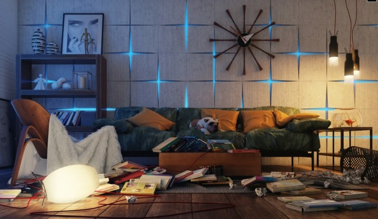 Wohnzimmer-Wandgestaltung-mit-Uhr-und-LED