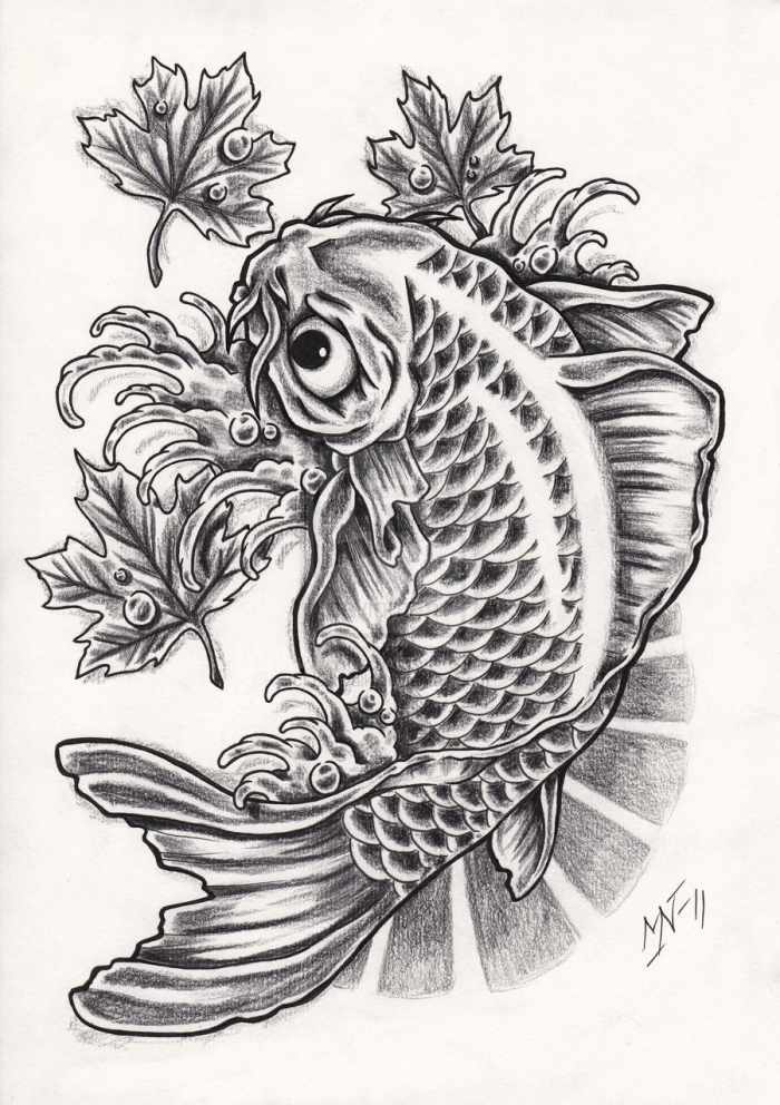 asiatische-tattoo-motive-koi-fisch-blätter-vorlage-online