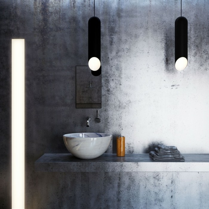 badezimmer beton grau waschbecken marmor konsole spiegel