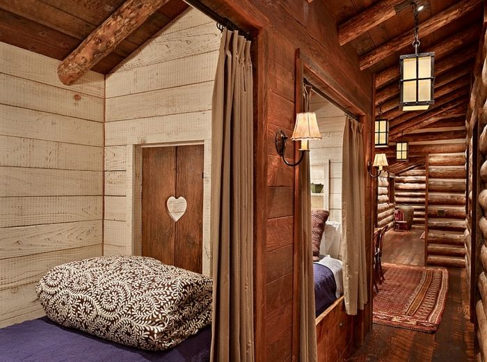 blockhütte holz dunkel rustikal schlafzimmer kinder teppich