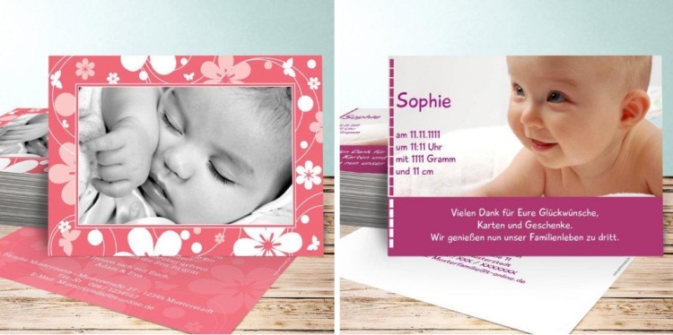 Dankeskarten zur Geburt sendmoments-madchen-rosa-lila-farben