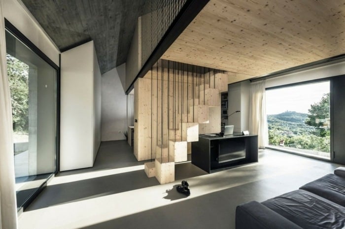 design wohnzimmer modern treppe holz wand sofa