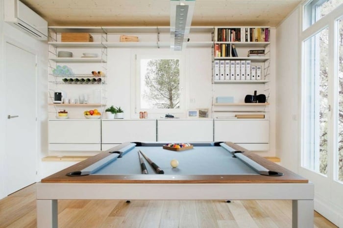 einrichtung wohnzimmer billiardtisch sideboard weiß hochglanz regal laminat