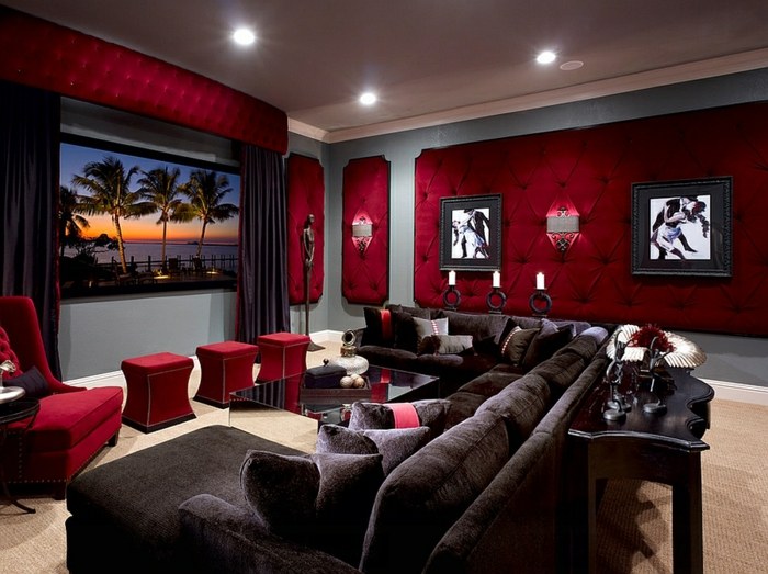 einrichtung wohnzimmer elegant rote wand polster sofa braun