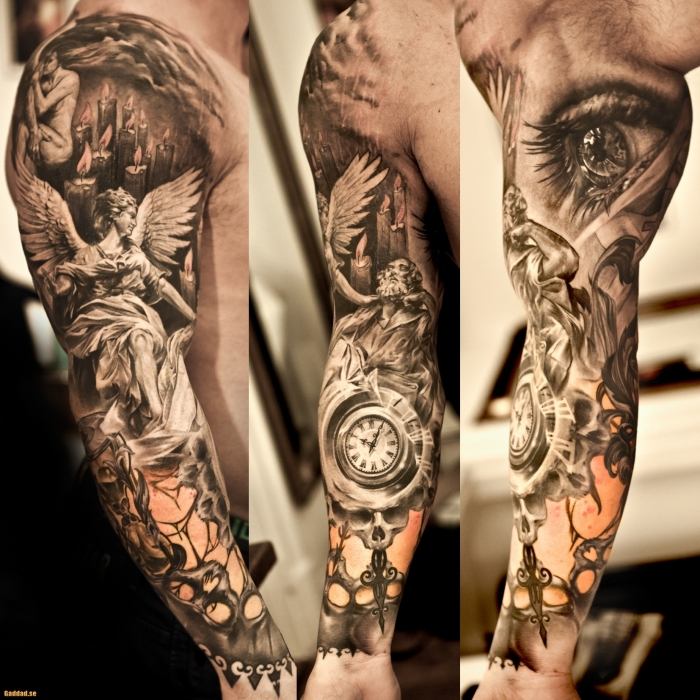 engel-tattoo-design-sleeve-arm-realistisches-auge-kerzen