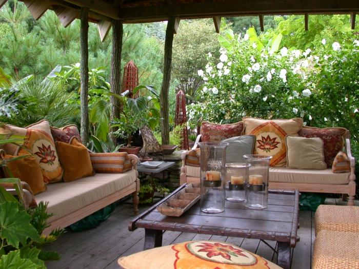 garten ideen terrasse sofas orange beige exotisch
