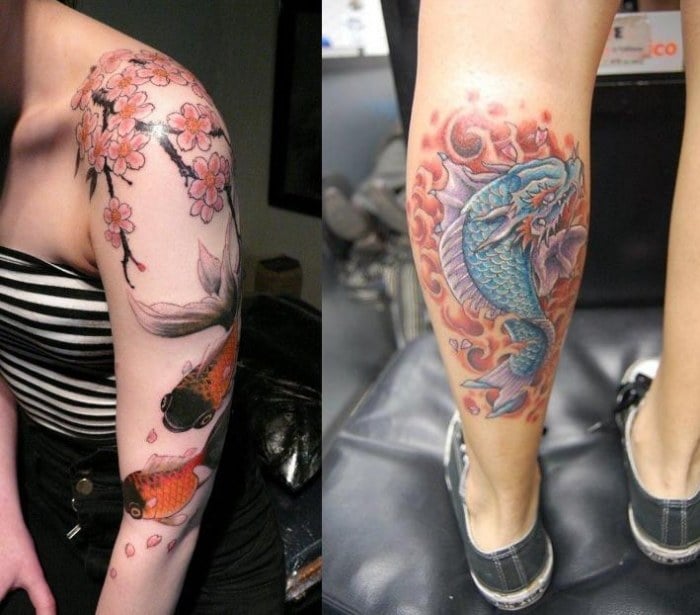 koi-tattoo-design-für-frauen-arm-schulter-kirschblüten-drachen-koi