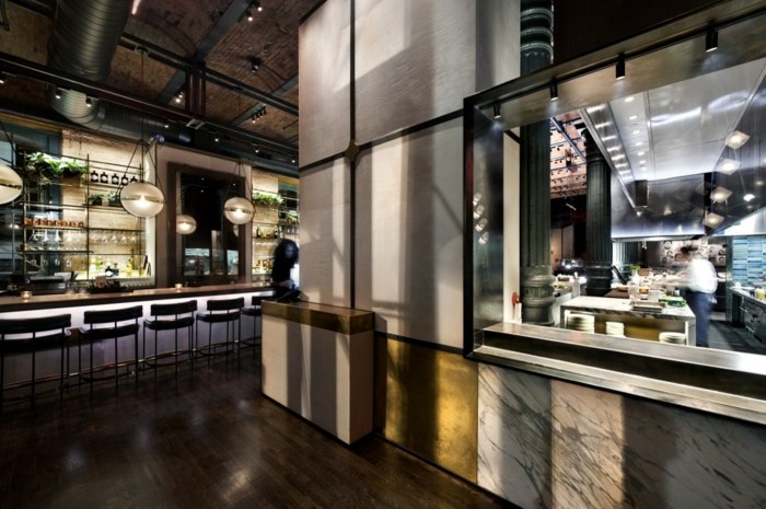 offene küche restaurant design stahl beton holz bar