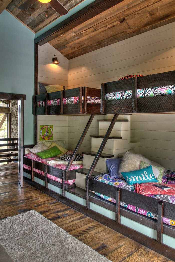 rustikal kinderzimmer hochbetten treppe teppich parket farben
