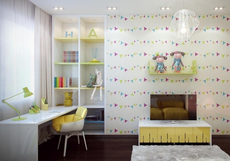 Schreibtischstuhl für Kinder gelbe-polsterung-tapeten-gruene-regale