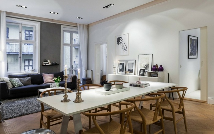 skandinavisches wohnung design weißer esstisch stühle sofa sideboard