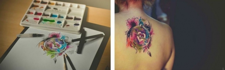 tattoo bilder und ideen kompass skizze farbig aquarell design