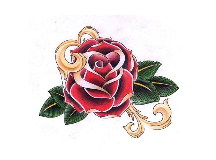 tattoo-design-rose-mit-blätter-farbig-motive-für-frauen