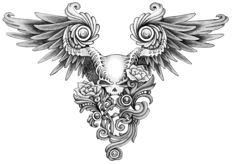 tattoo vorlagen design-schadel-fluegel-rosen