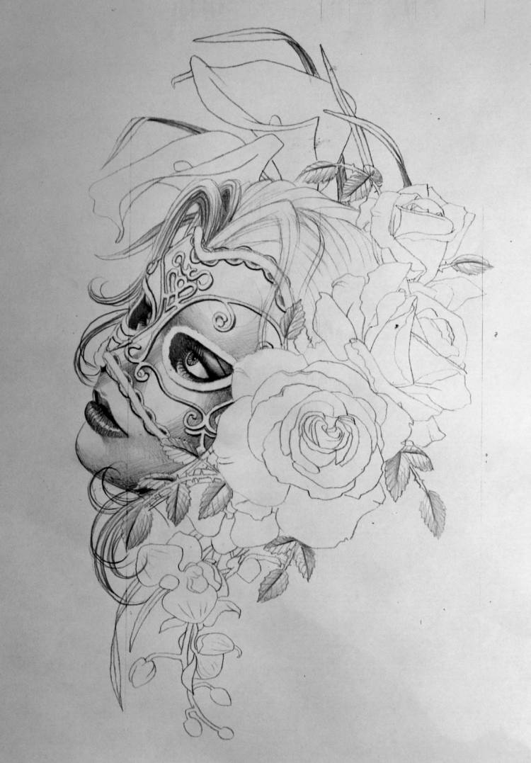 tattoo-vorlagen-frau-maske-haare-rosen-orchideen-blumen