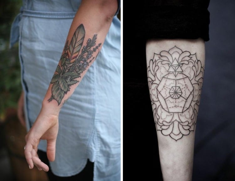 unterarm-tattoo-frau-band-floral-feder-mandala