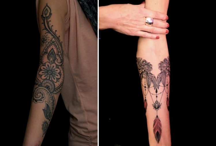 Unterarm Tattoo für Frau mandala-motive-feder-floral