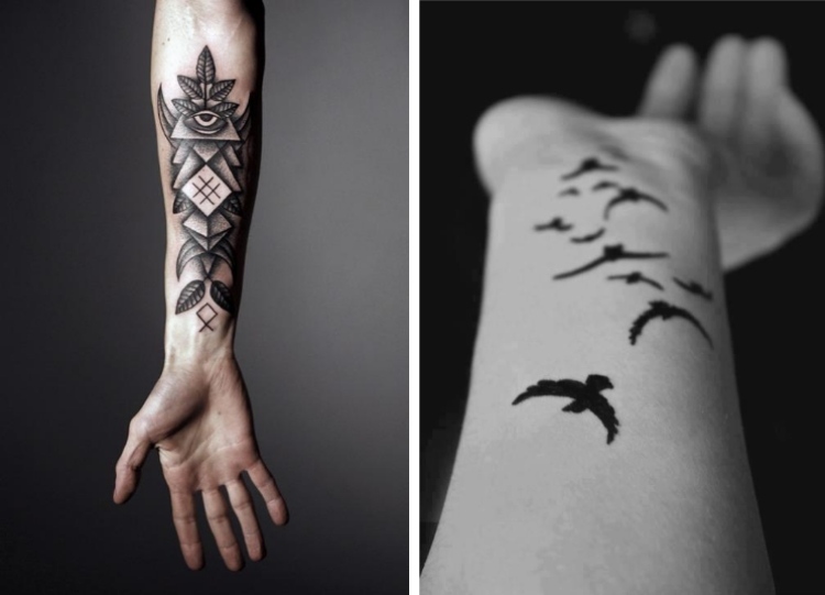 unterarm-tattoo-ideen-mann-frau-geometrisch-schwarze-voegel