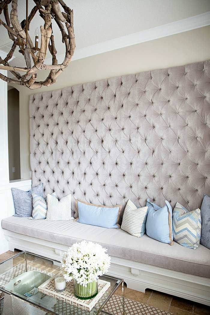 wohnzimmer design sitzbank canape wandpolster blau grau