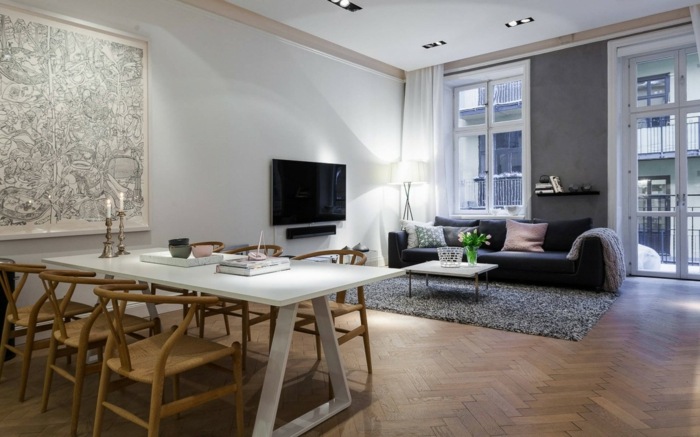 wohnzimmer design skandinavisch parkett holz esszimmer stühle sofa