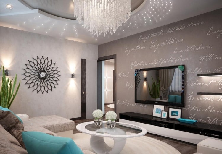Wohnzimmer modern einrichten-grau-tuerkisblaue-akzente