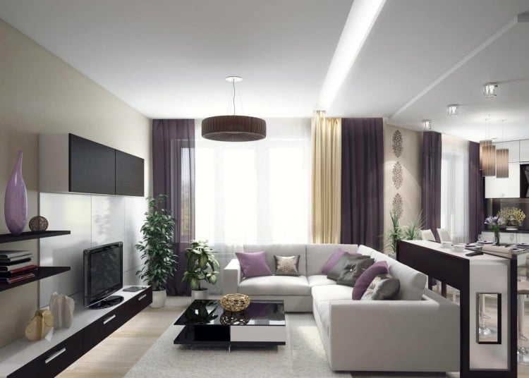 wohnzimmer-modern-einrichten-weiss-beige-lila-schwarz