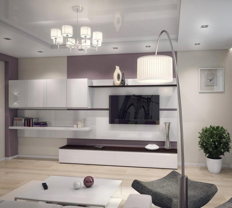 wohnzimmer-modern-einrichten-weiss-hochglanz-wohnwand-lavendellila-wandfarbe