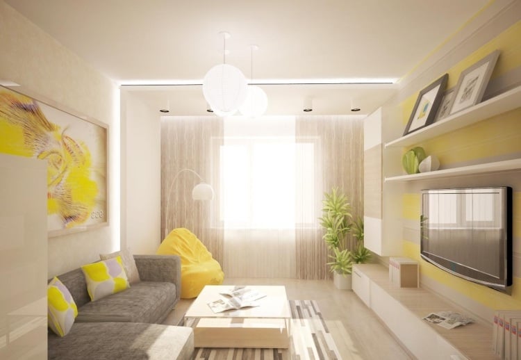 Wohnzimmer modern einrichten-zitronengelb-grau-creme