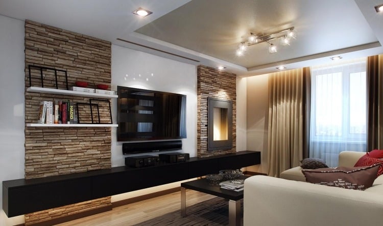 Wohnzimmer modern gestalten-natursteinwand-schwarzer-tv-lowboard