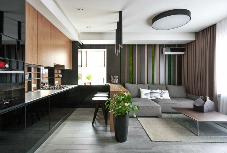 wohnzimmer-modern-gestalten-offene-kueche-grau-schwarz-gruen-holz